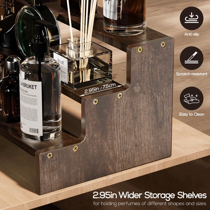 بروكاس منظم كولونيا خشبي للرجال من بروكيس، رافعات عرض منظم العطور من 3 طبقات، منظم حامل حامل كولونيا للرجال، رف رف كولونيا للعطور والشموع ومستحضرات التجميل على شكل كب كيك - بني - Image 4